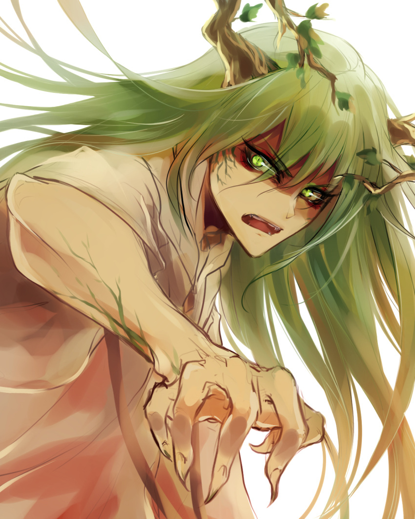 1boy, branch, claws, enkidu_(fate/strange_fake), fate/strange_fake, fate_(series), fimyuan, green_eyes