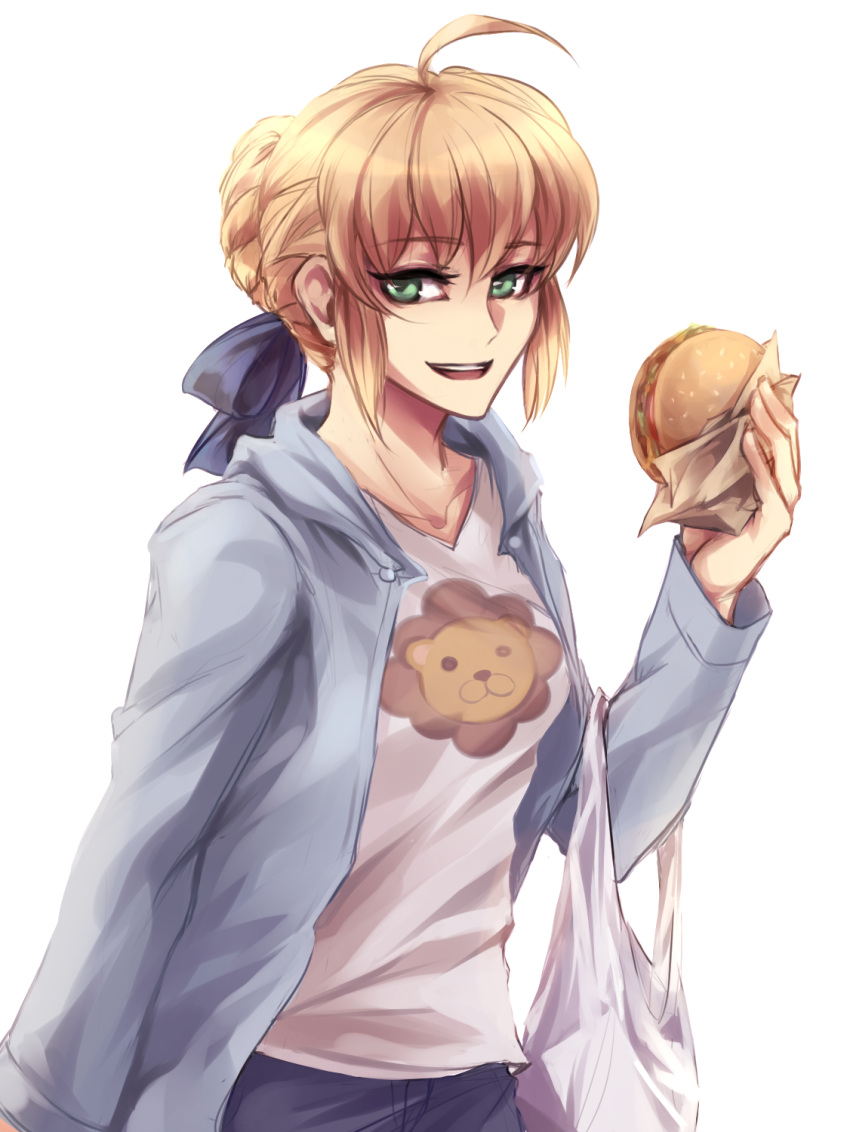 1girl, ahoge, blonde_hair, casual, fate/stay_night, fate_(series), fimyuan, food