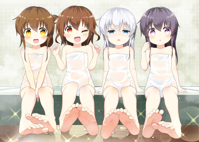 4girls, akatsuki_(kantai_collection), aqua_eyes, bathroom, bell_(oppore_coppore), blush, brown_eyes, brown_hair