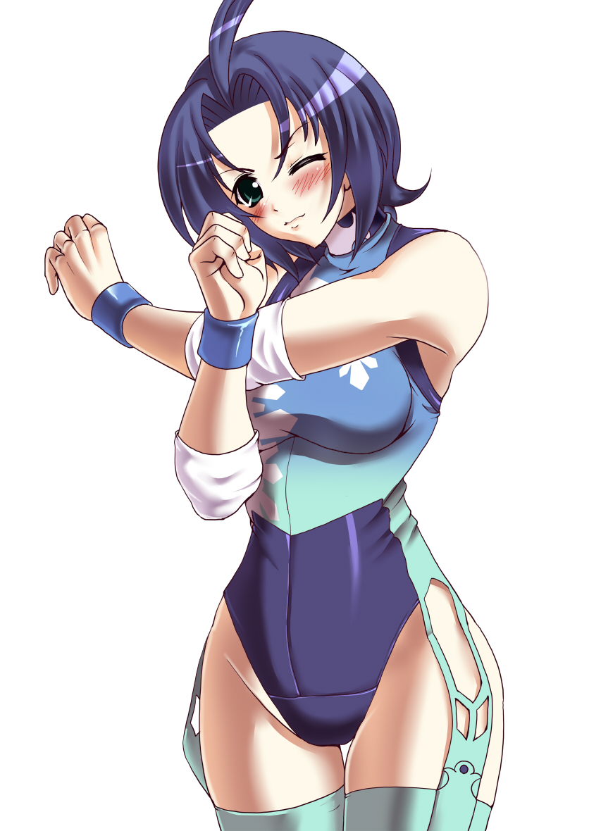 1girl, aqua_eyes, blue_hair, blush, breasts, leotard, lucky_uchida, one_eye_closed