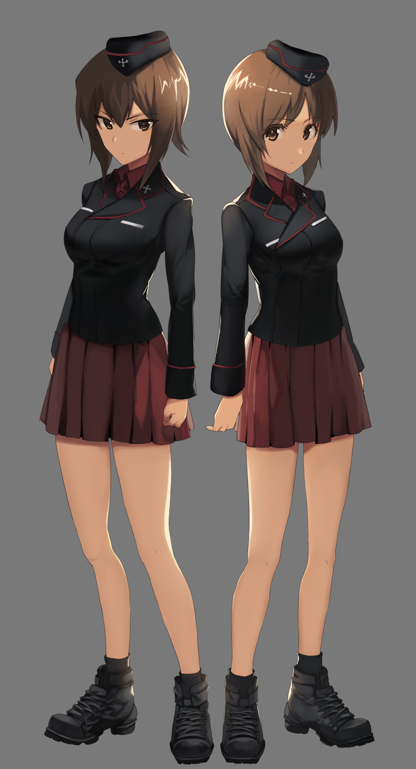 2girls, absurdres, ashiwara_yuu, beret, brown_eyes, brown_hair, girls_und_panzer, hat