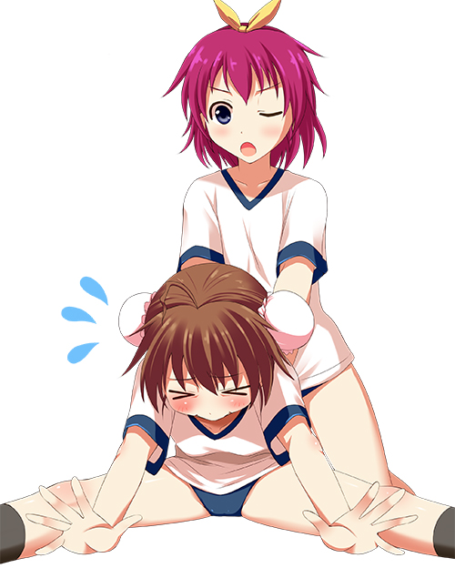 >_<, 2girls, blouse, blue_eyes, breasts, brown_hair, bun_cover, buruma