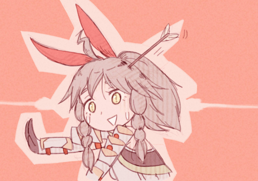 1girl, ahoge, arrow, arrow_in_head, bow, braid, brown_hair, chibi