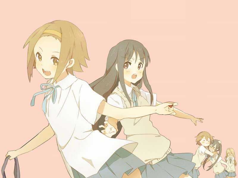 akiyama_mio, bad_id, bangs, black_hair, blonde_hair, blunt_bangs, blush, brown_eyes