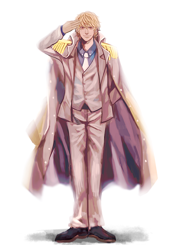 1boy, blonde_hair, closed_eyes, donquixote_rocinante, epaulettes, formal, hat, long_coat