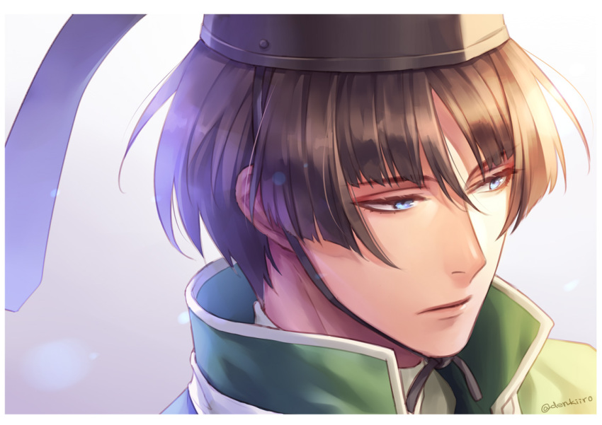 1boy, blue_eyes, brown_hair, chin_strap, den_(itokiitoki), hat, ishikirimaru, male_focus