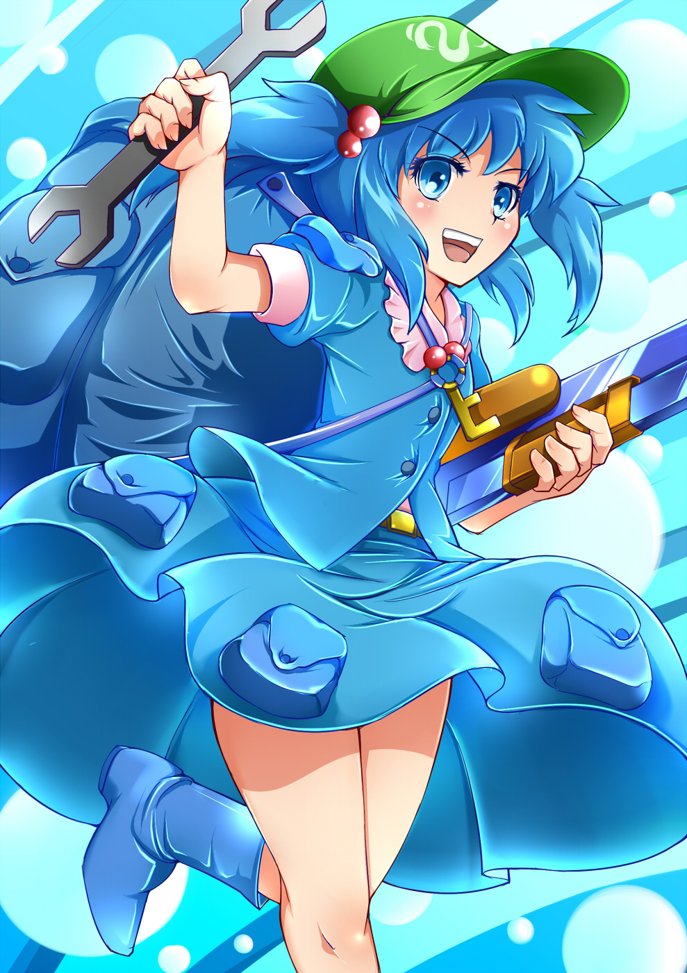 1girl, backpack, bag, belt, blue_eyes, blue_hair, boots, hair_bobbles