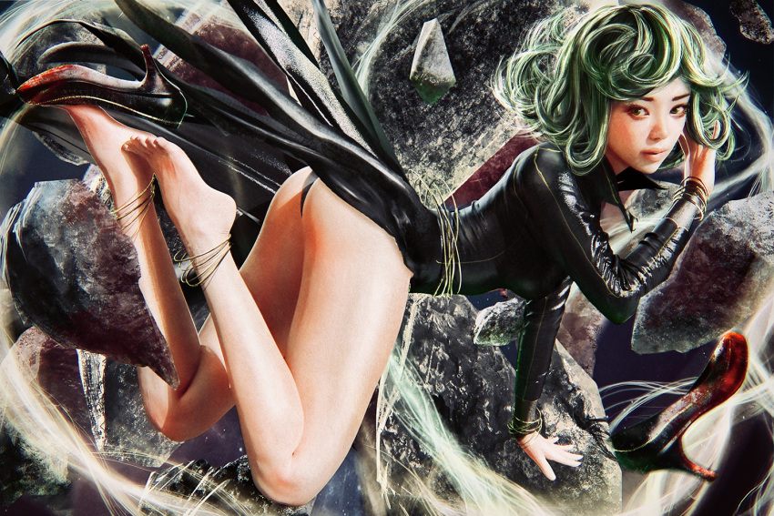 1girl, barefoot, black_dress, curly_hair, cursedapple, dress, green_hair, onepunch_man, realistic, short_hair, tatsumaki