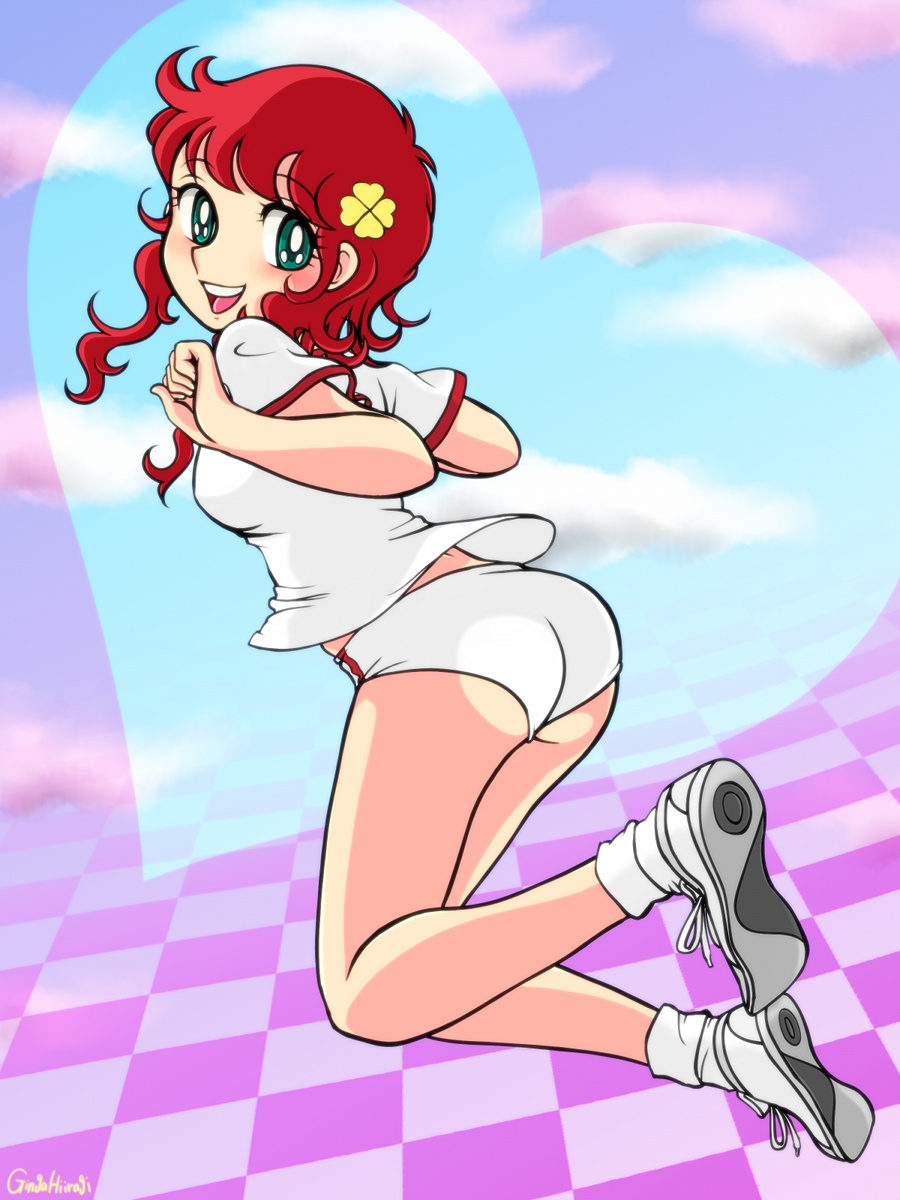 1girl, 70s, :d, artist_name, bare_legs, buruma, checkered, checkered_floor, curly_hair, full_body, g-hiiragi, green_eyes, hair_ornament, heart, highres, jumping, kanzaki_megu, looking_back, majokko_megu-chan, official_style, oldschool, open_mouth, redhead, shirt, shoes, short_hair, sidelocks, smile, solo, t-shirt, teeth