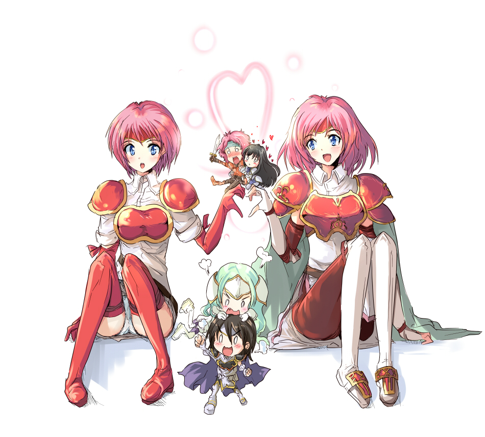1boy, 5girls, :d, armor, astrid, black_hair, blue_eyes, blush