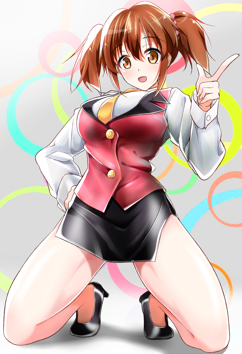 1girl, blush, breasts, brown_eyes, brown_hair, female, hair_ornament, hand_on_hip