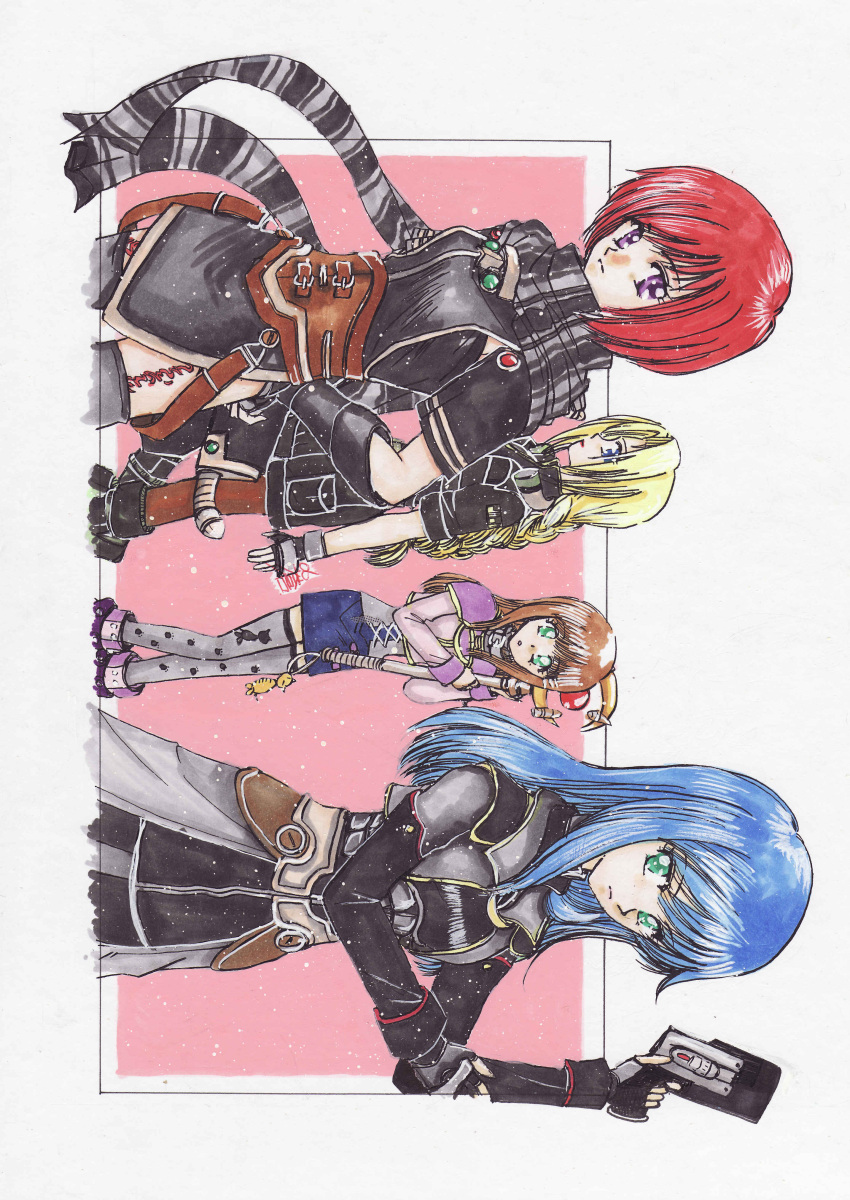4girls, absurdres, aqua_eyes, black_legwear, blonde_hair, blue_eyes, blue_hair, blush