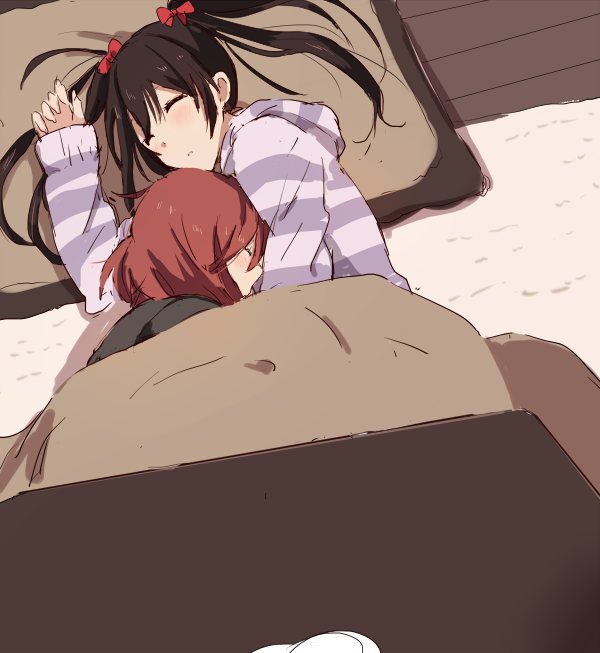 2girls, black_hair, blanket, female, hug, kotatsu, love_live!_school_idol_project, multiple_girls