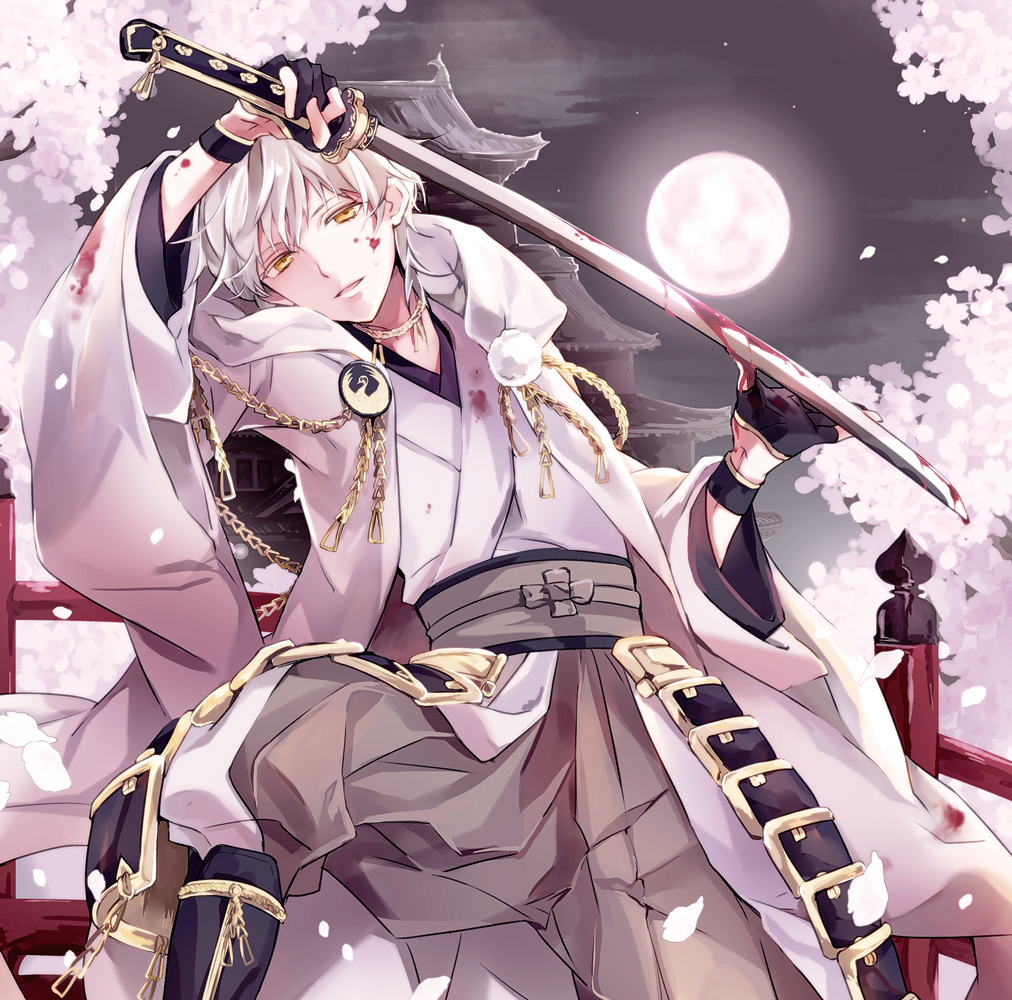1boy, atea, black_gloves, blood, blood_on_face, bloody_clothes, bloody_weapon, cherry_blossoms