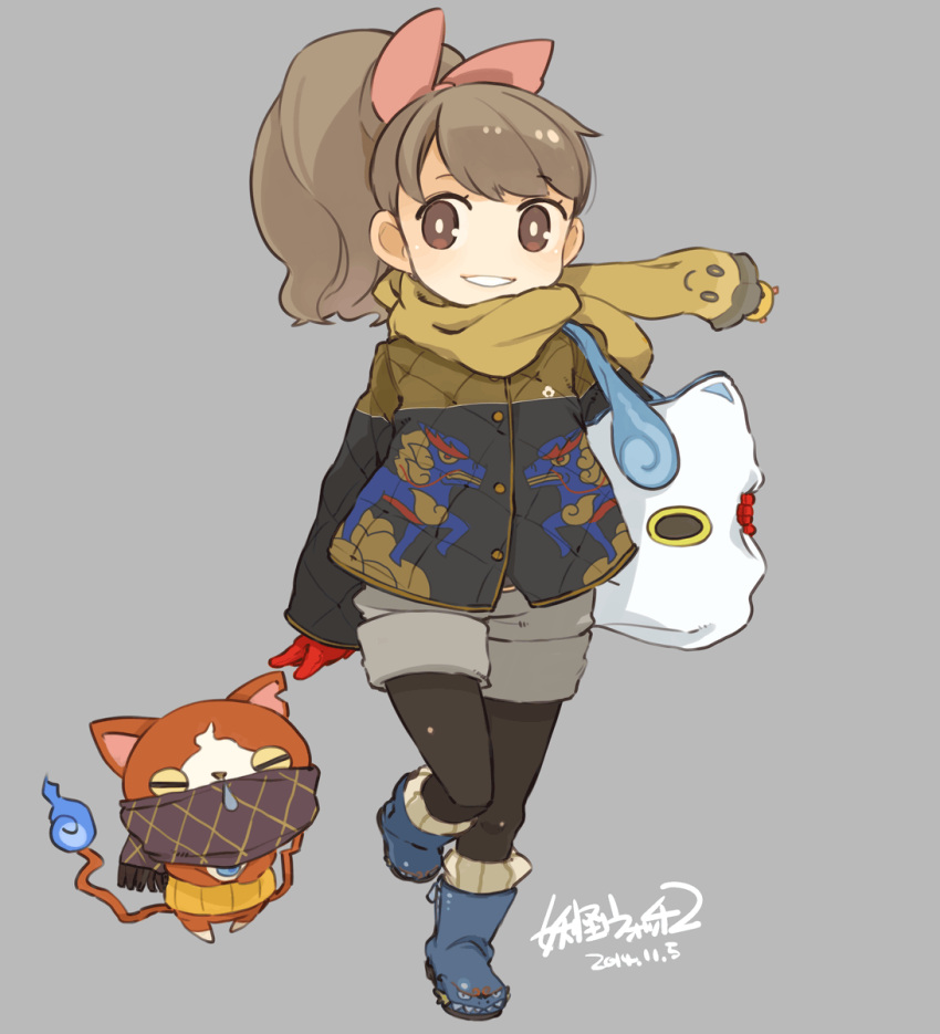 1girl, bag, black_legwear, boots, bow, brown_eyes, brown_hair, cat, dated, gloves, grey_background, grin, hair_bow, highres, jacket, jibanyan, kodama_fumika, koma-san, komasan, legwear_under_shorts, long_hair, mota, multiple_tails, notched_ear, pantyhose, ponytail, red_gloves, rubber_boots, scarf, shorts, shoulder_bag, smile, snot, standing_on_one_leg, tail, two_tails, youkai, youkai_watch