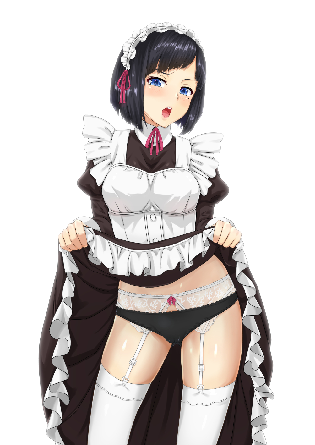 1girl, apron, black_hair, black_panties, blue_eyes, blush, densuke_(iha-syuon), frills, garter_straps, highres, kujou_miyuki, lingerie, long_sleeves, maid, maid_headdress, ore_ga_ojou-sama_gakkou_ni_"shomin_sample"_toshite_rachirareta_ken, panties, puffy_sleeves, short_hair, skirt, skirt_lift, solo, thigh-highs, underwear, white_background, white_legwear