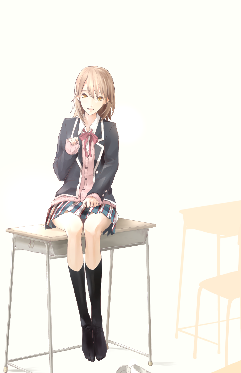 1girl, again8120, blazer, brown_eyes, brown_hair, cardigan, desk, highres