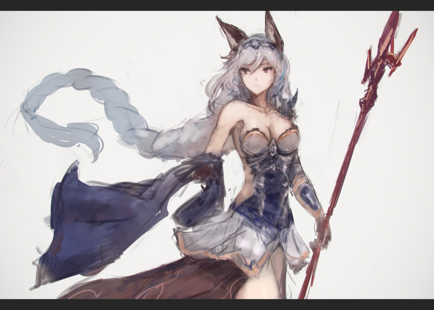 1girl, animal_ears, armor, bare_shoulders, braid, breasts, cleavage, collarbone