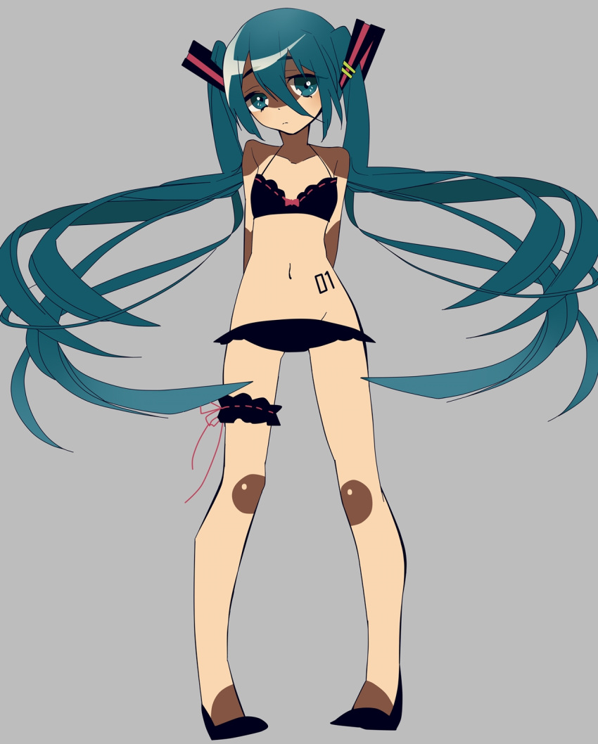 1girl, aqua_eyes, aqua_hair, bra, cireng-kun, grey_background, hatsune_miku, highres