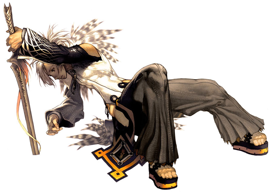 bare_shoulders, calintz, feathers, magna_carta, magna_carta_crimson_stigmata, male, sandals, short_hair
