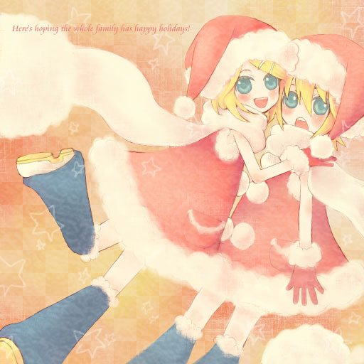 blue_eyes, blush, christmas, gloves, hat, kagamine_len, kagamine_rin, santa_costume