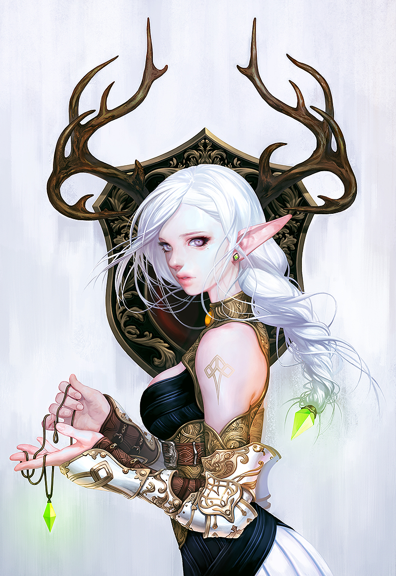 1girl, antlers, braid, danu_kim, earrings, elf, gauntlets, gem