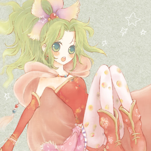 dissidia_final_fantasy, elbow_gloves, final_fantasy, final_fantasy_vi, gloves, green_eyes, green_hair, hair_ornament, pantyhose, ponytail, star, suzushiro_haru, tina_branford, white_legwear, white_pantyhose