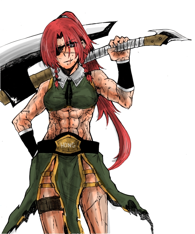 1girl, abs, alternate_costume, alternate_eye_color, alternate_hairstyle, armband, battle_axe, belt