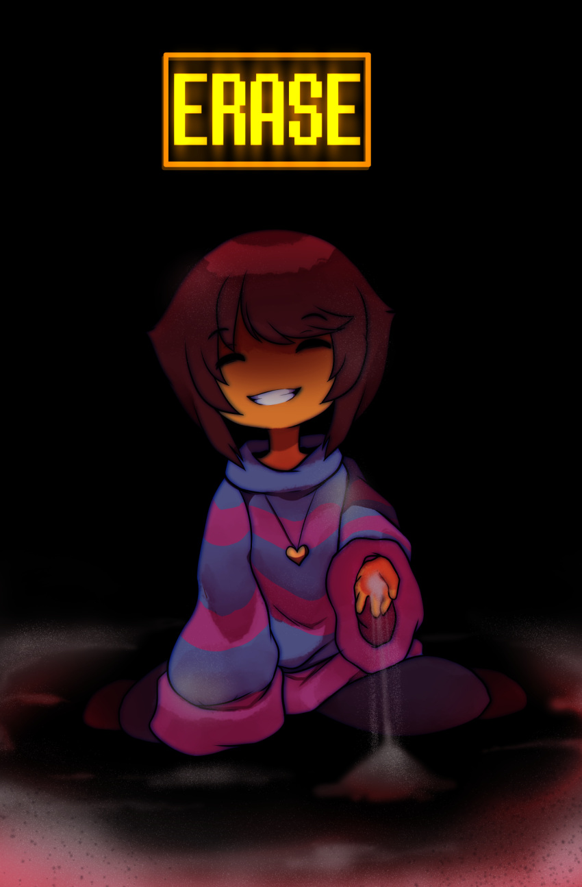 androgynous, black_background, brown_hair, closed_eyes, dark_persona, dust, evil_grin, evil_smile, frisk_(undertale), grin, heart, heart_necklace, highres, raikissu, shaded_face, sitting, smile, solo, striped, striped_sweater, sweater, tagme, undertale