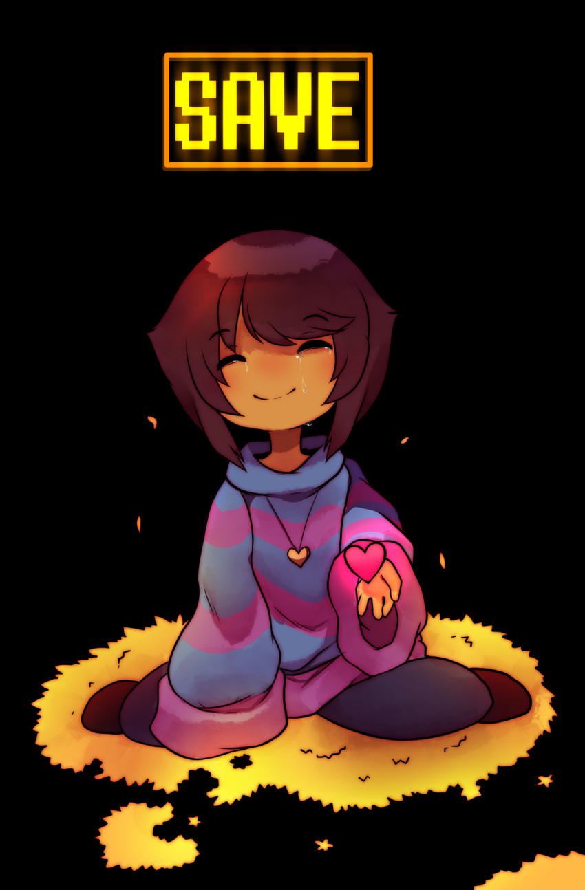androgynous, black_background, brown_hair, closed_eyes, frisk_(undertale), heart, heart_necklace, highres, raikissu, sitting, smile, solo, striped, striped_sweater, sweater, tagme, tears, undertale