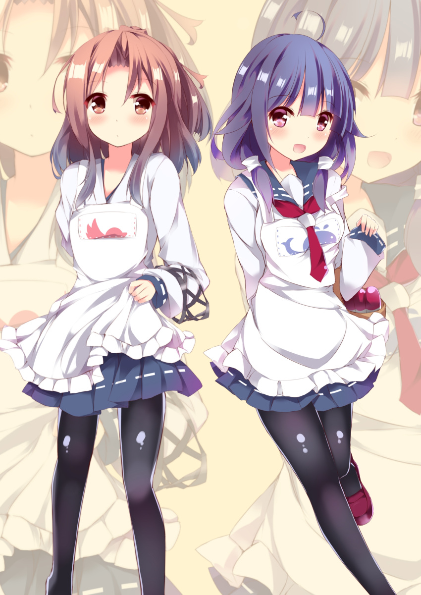 2girls, absurdres, ahoge, apron, brown_eyes, brown_hair, fuuna, highres, kantai_collection, long_hair, multiple_girls, open_mouth, pantyhose, ponytail, purple_hair, school_uniform, serafuku, skirt, smile, taigei_(kantai_collection), taigei_(kantai_collection)_(cosplay), twintails, violet_eyes, zuihou_(kantai_collection)
