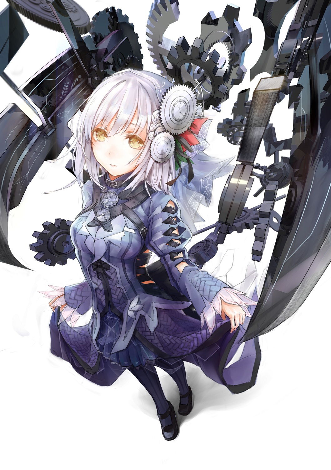 1girl, blue_legwear, blue_skirt, character_request, clockwork_planet, curtsey, cutout, expressionless