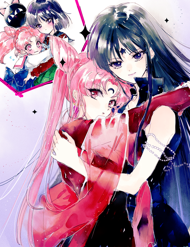4girls, ahma, bishoujo_senshi_sailor_moon, black_hair, black_lady, blush, chibi_usa, crescent