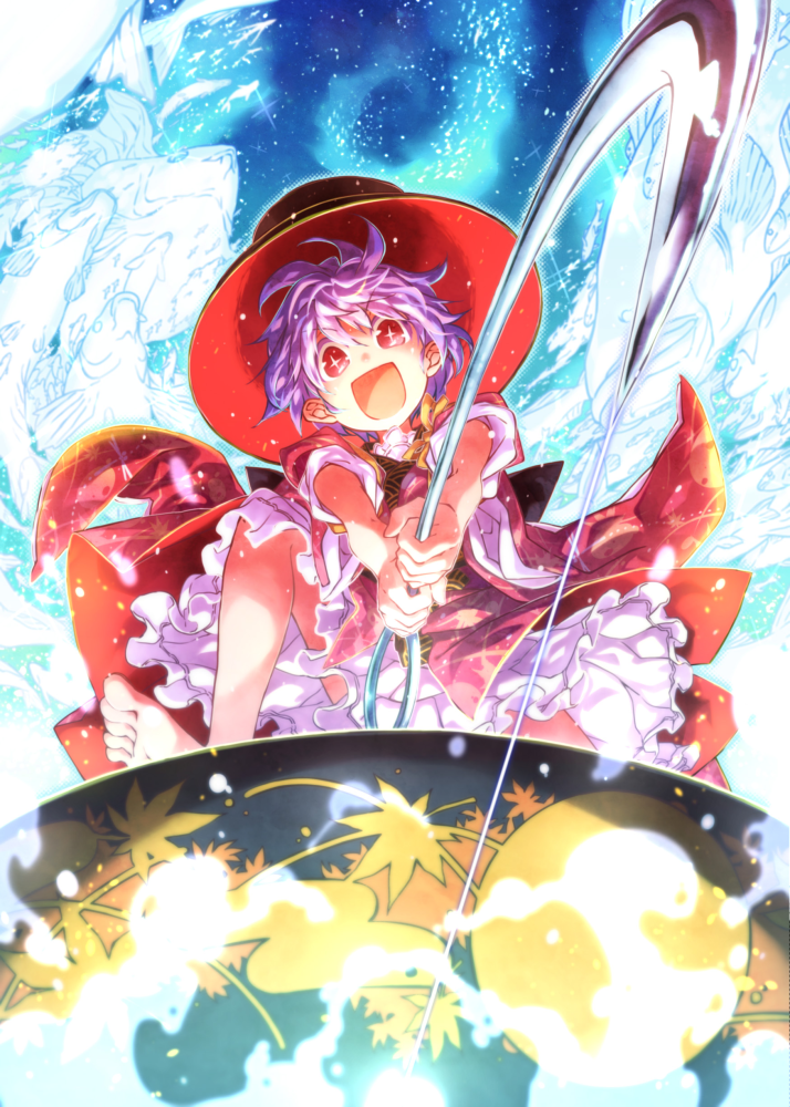 +_+, 1girl, barefoot, bowl, fish, fishing, hat, hokuto_(scichil), japanese_clothes, kimono, minigirl, needle, obi, open_mouth, purple_hair, red_eyes, sash, short_hair, smile, solo, sukuna_shinmyoumaru, touhou, wide_sleeves