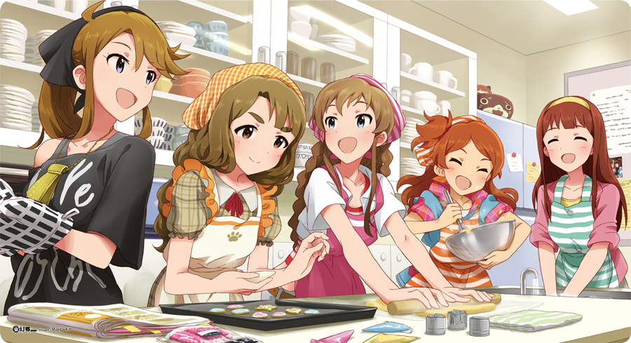 5girls, :d, ^_^, apron, aqua_eyes, baking, baking_sheet, bandana