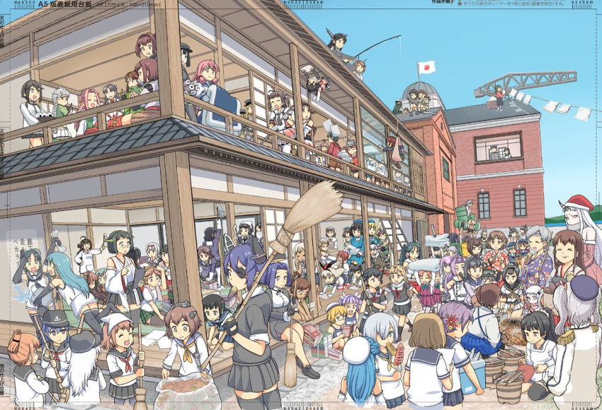 admiral_(kantai_collection), architecture, broom, cape, commentary_request, detached_sleeves, east_asian_architecture, eyepatch