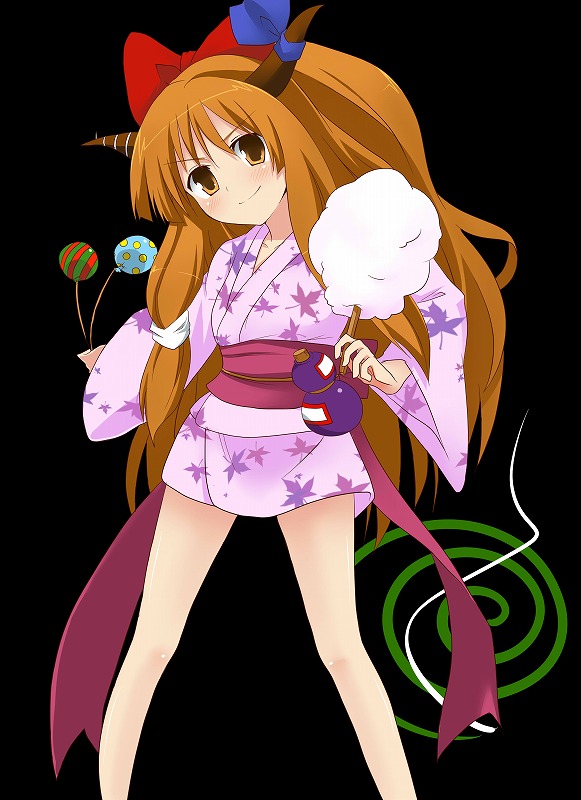 alternate_costume, bow, cotton_candy, gourd, hair_bow, head_tilt, horns, ibuki_suika