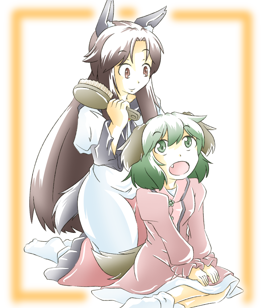 2girls, animal_ears, brooch, brown_hair, dress, fang, green_eyes, green_hair