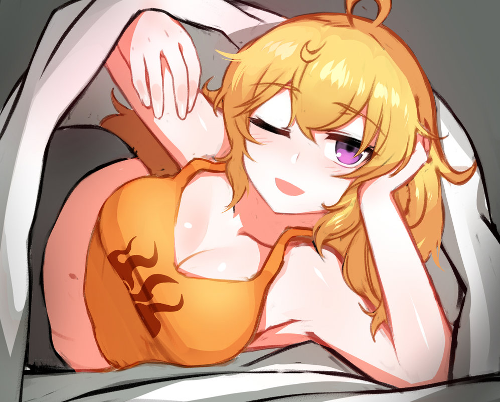 bean1215, blonde_hair, blush, breasts, cleavage, hand_on_own_head, large_breasts, long_hair