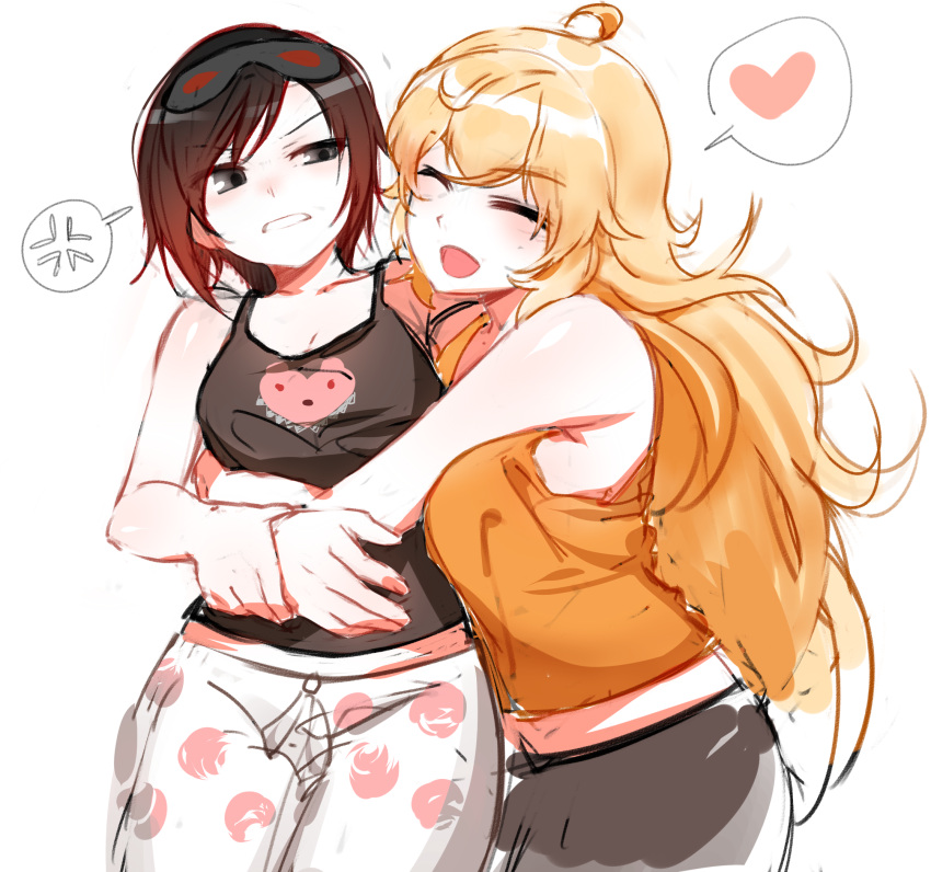 2girls, bean1215, black_hair, blonde_hair, blush, breasts, cleavage, grey_eyes