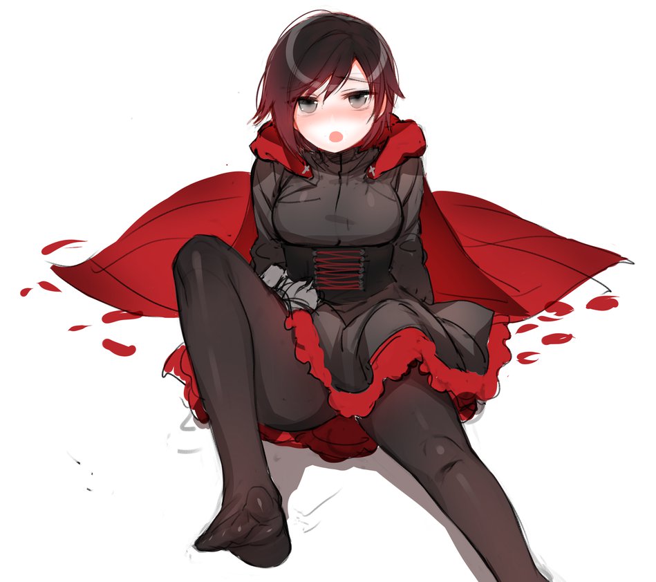 :o, bean1215, black_hair, blush, feet, grey_eyes, highlights, leaning_back, multicolored_hair, pantyhose, redhead, ruby_rose, rwby, short_hair, sitting