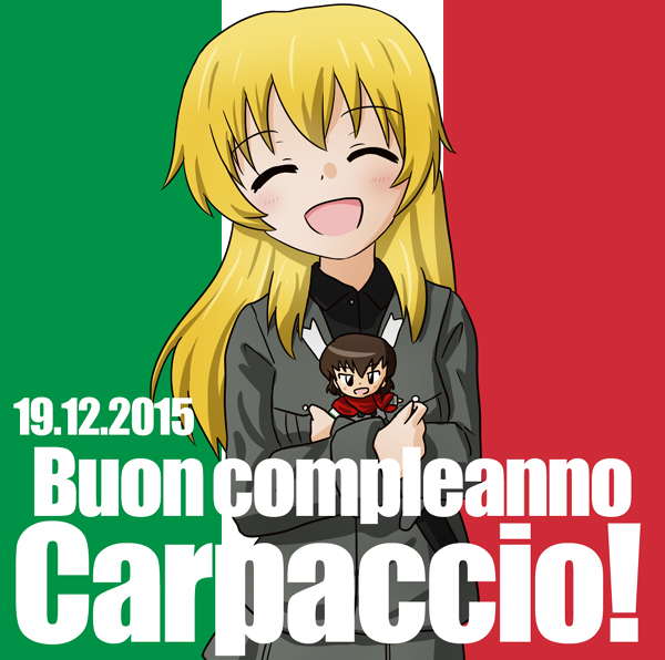 2girls, birthday, blonde_hair, blush, brown_hair, caesar_(girls_und_panzer), carpaccio, character_doll, closed_eyes, dated, doll_hug, girls_und_panzer, happy_birthday, italian, italian_flag, long_hair, multiple_girls, nono-fighters, short_hair, smile, uniform