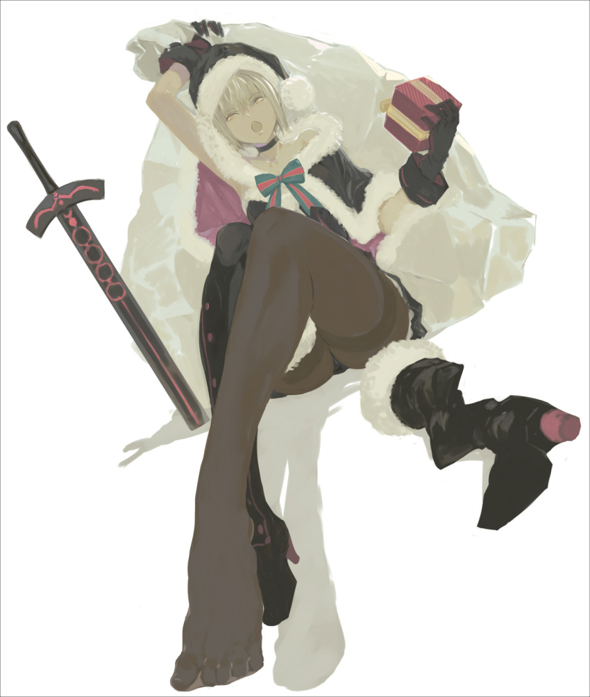 1girl, arm_up, armpits, blonde_hair, boot_removed, boots, box, capelet