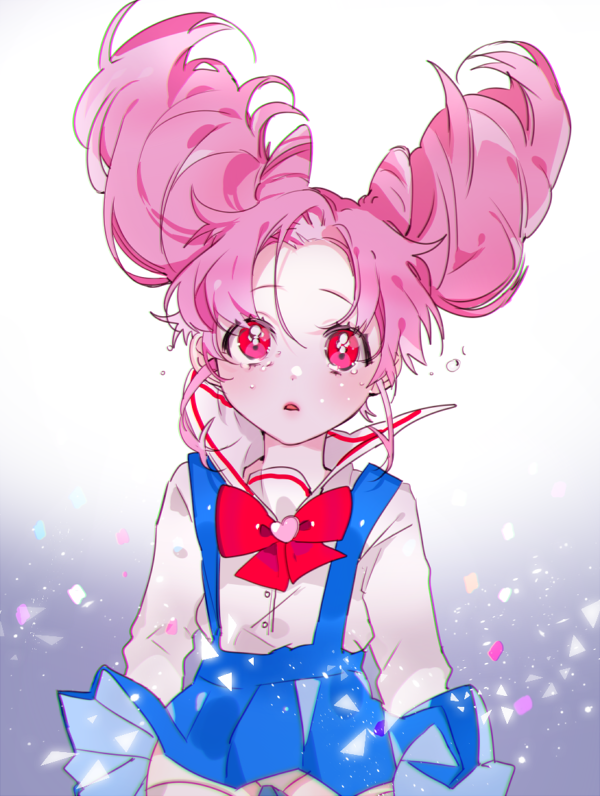 1girl, bishoujo_senshi_sailor_moon, blue_skirt, bow, brooch, chibi_usa, cowboy_shot, double_bun