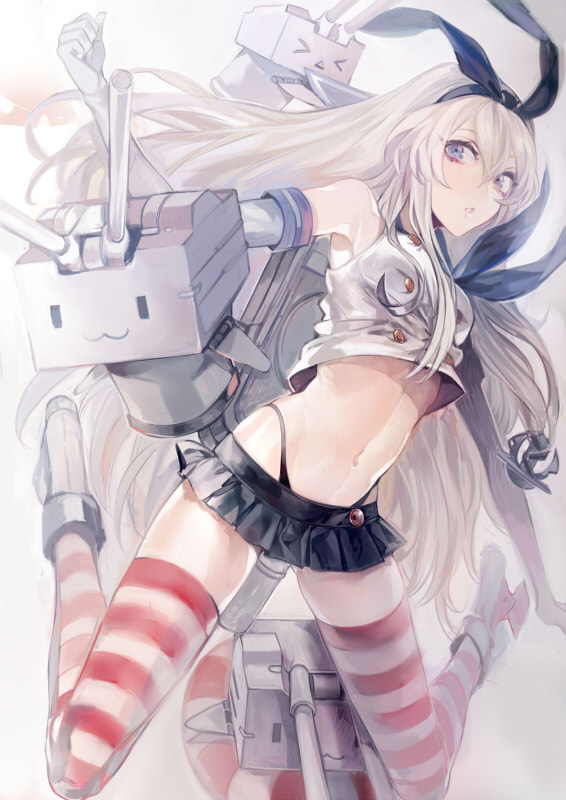 1girl, black_panties, blonde_hair, blush, crop_top, elbow_gloves, gloves, grey_eyes