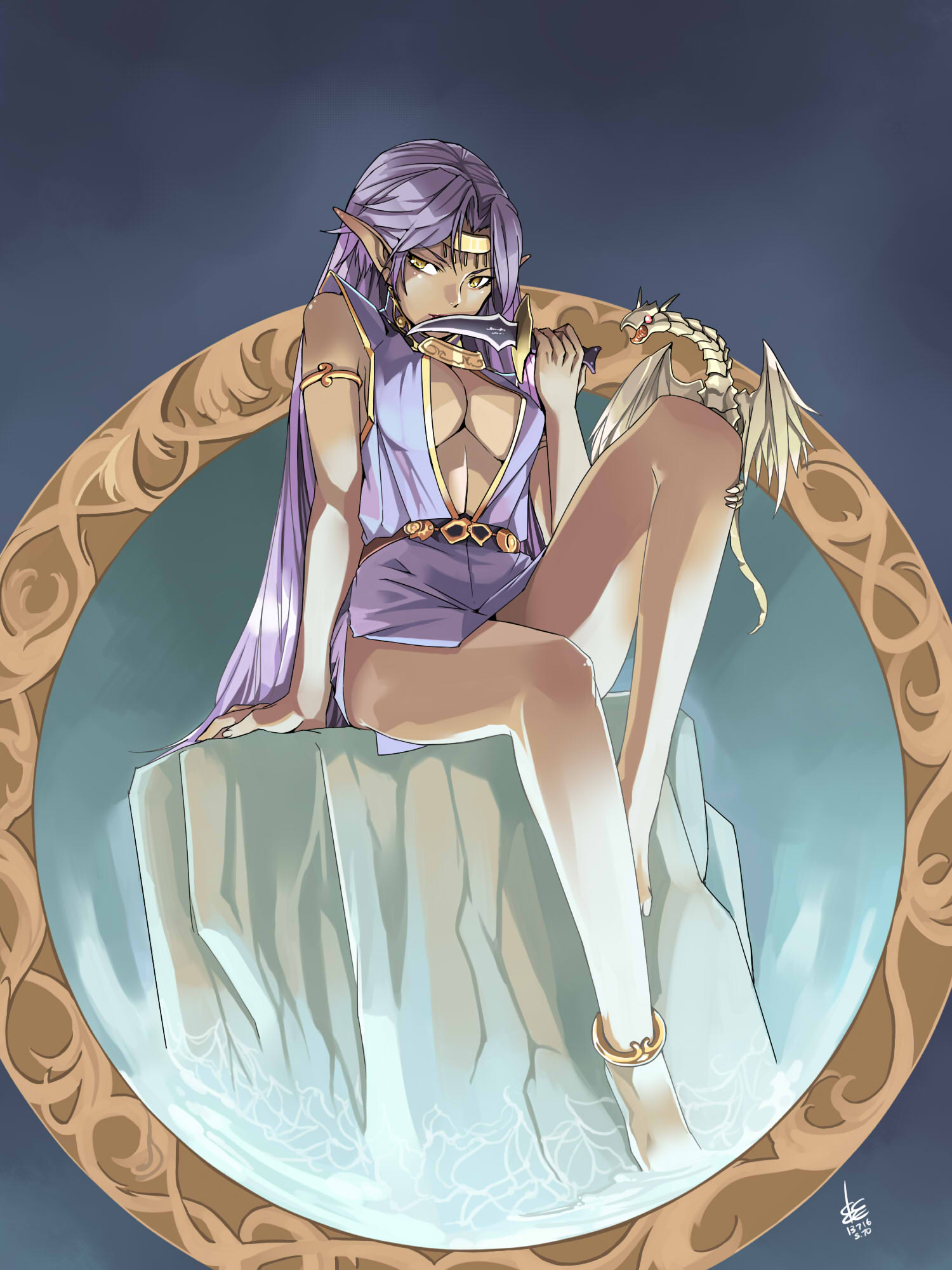 1girl, anklet, arm_support, armlet, barefoot, belt, breasts, ceda_(dace)