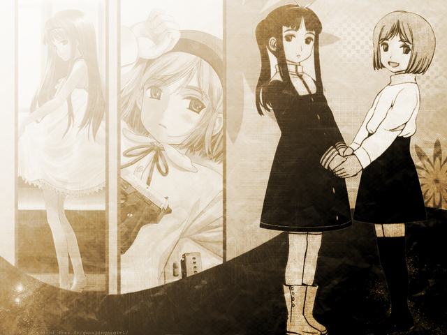 2girls, 640x480, angelica, gun, gunslinger_girl, henrietta, holding_hands, sepia