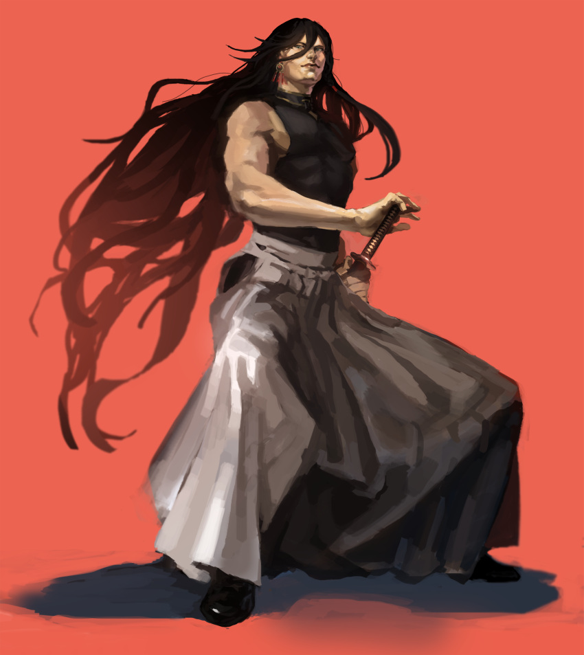 1boy, battoujutsu_stance, black_hair, blue_eyes, choker, earrings, eye_(chabosu), fighting_stance, full_body, hair_between_eyes, hakama, hand_on_hilt, highres, hip_vent, izumi-no-kami_kanesada, japanese_clothes, jewelry, katana, lips, long_hair, male_focus, muscle, red_background, sheath, sheathed, sleeveless, solo, sword, touken_ranbu, very_long_hair, weapon