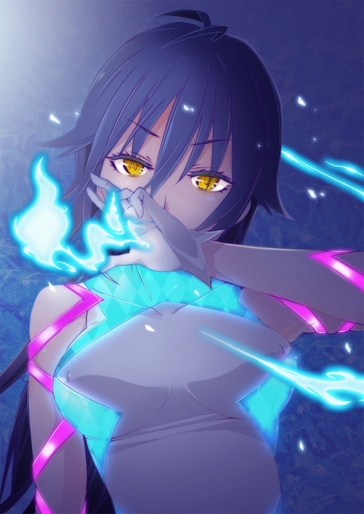 1girl, bare_shoulders, blue_fire, blue_hair, dress, fire, gloves, glowing