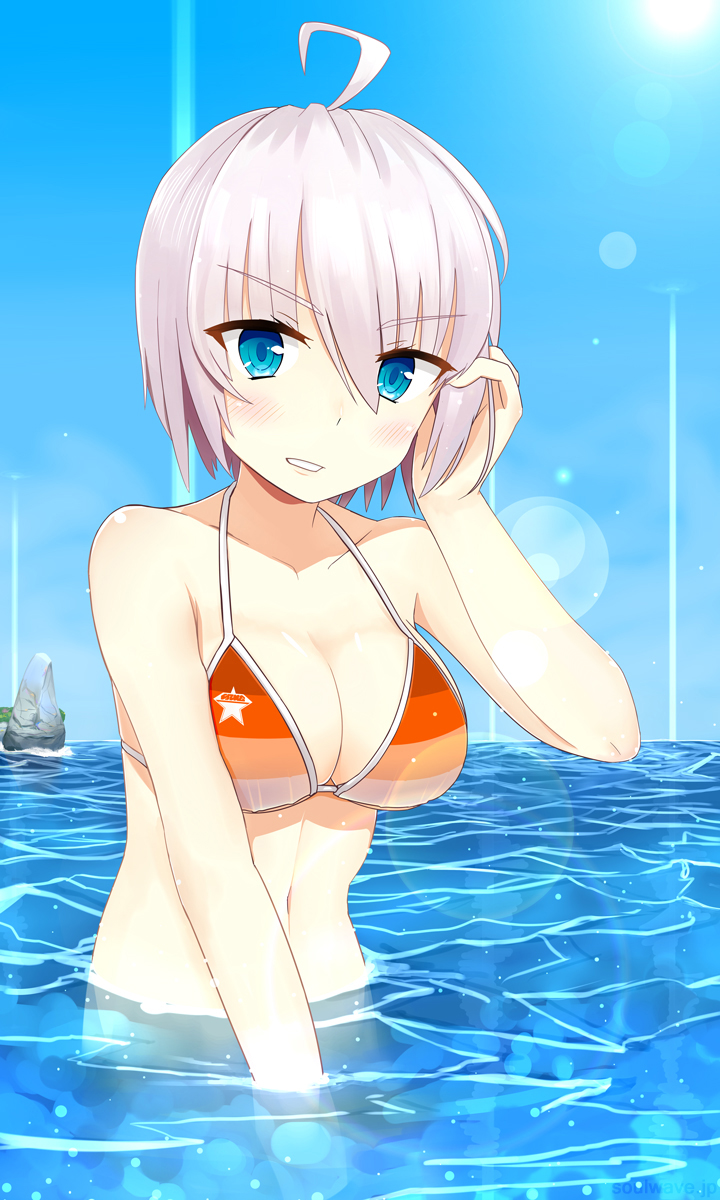 1girl, ahoge, bikini, blue_eyes, blush, breasts, cleavage, fu_soulwave